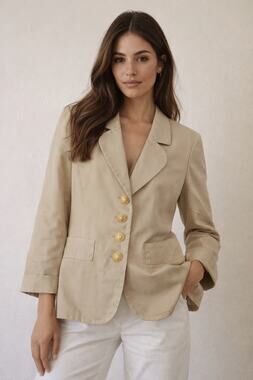 YVES SAINT LAURENT Tan Beige Vintage Gold Button Studded 100% Cotton Blazer 40